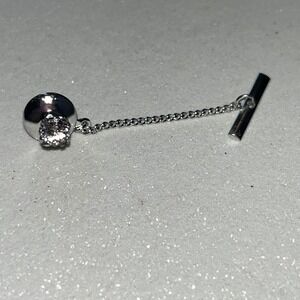 Vintage Mens Tie Tack‎ Pin Rhinestone Silver Tone Chain Formal Accessory
